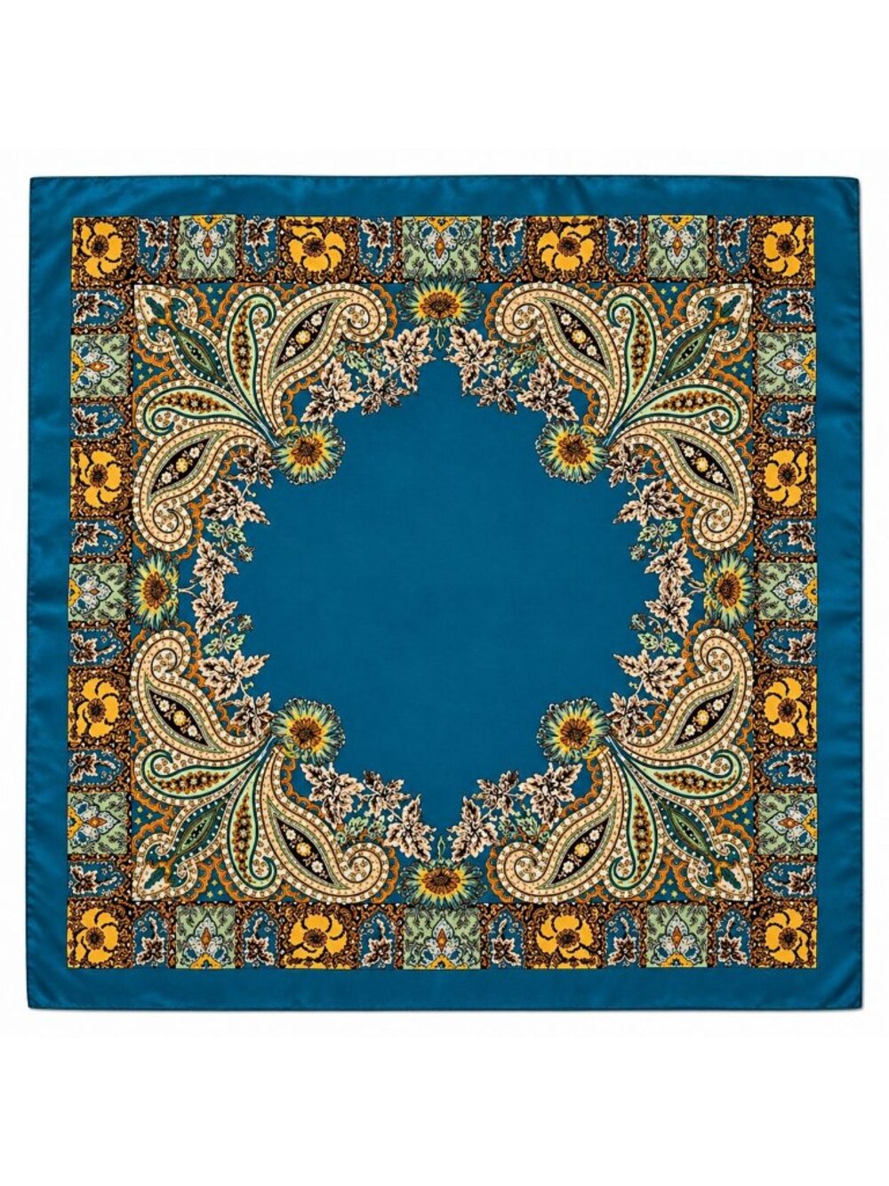 Luxury Paisley Floral Satin Scarf for Women – 35” Square Teal Blue Gold Sage